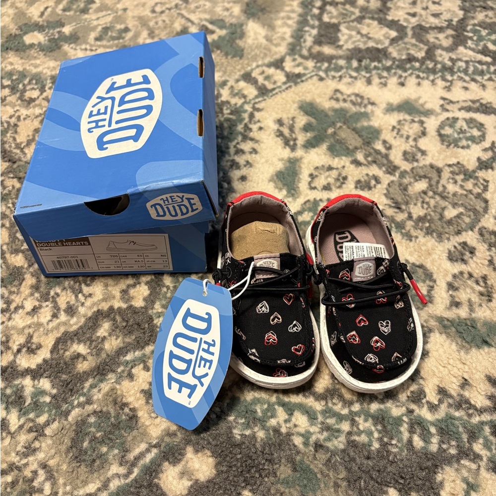 Hey Dude Kids Black and Red Heart Sneakers